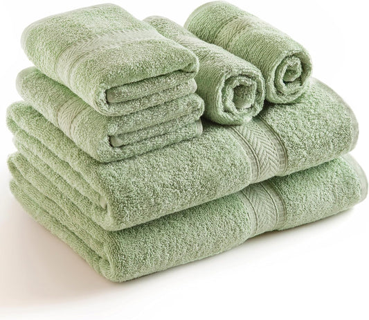 6 Piece Towel Set - 2 Bath Towels, 2 Hand Towels and 2 Washcloths Cotton Daily Use Hotel Spa Quality Soft Highly Absorbent Quick Dry Light Weight (Sage Green)